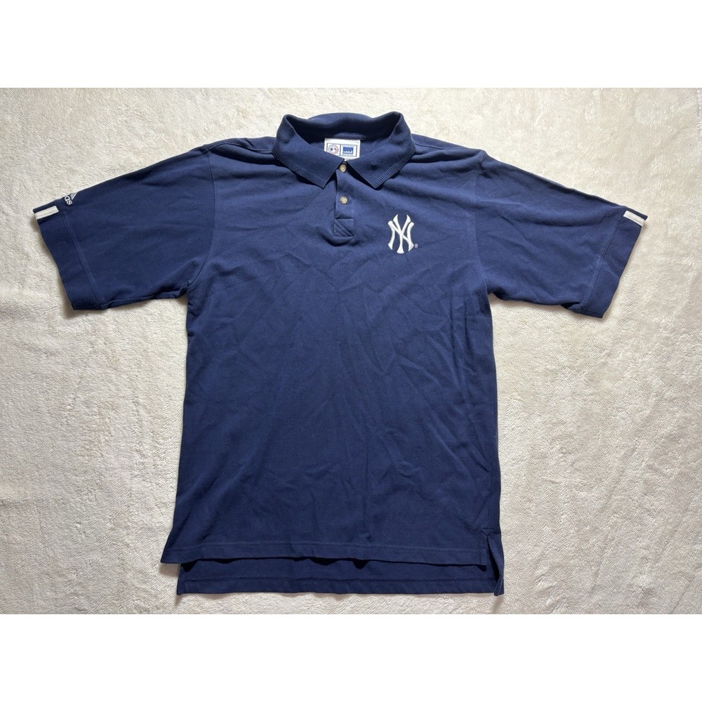 New York Yankees Adidas Solid Blue Genuine Merchandise Short Sleeve Polo Shirt M